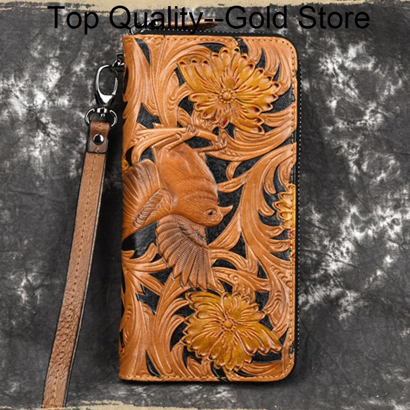 

High Quality Genuine Leather Male Clutch Coin Wallet Cards Clip Holder Retro Multi-Pocket Natural Skin Men Wrist Long Purse
