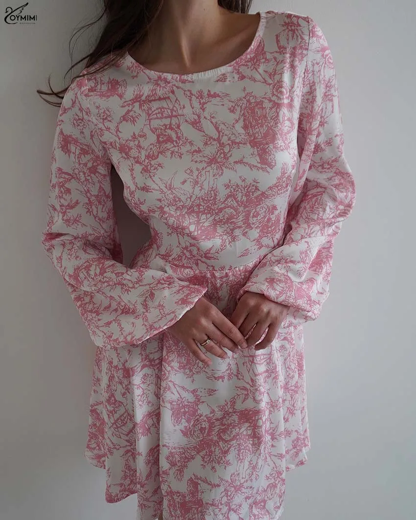 Sukienki damskie Oymimi Casual z różowym nadrukiem, modne sukienki z dekoltem typu O, długim rękawem, sznurowane, eleganckie sukienki mini z odkrytymi plecami, luźne, streetwear