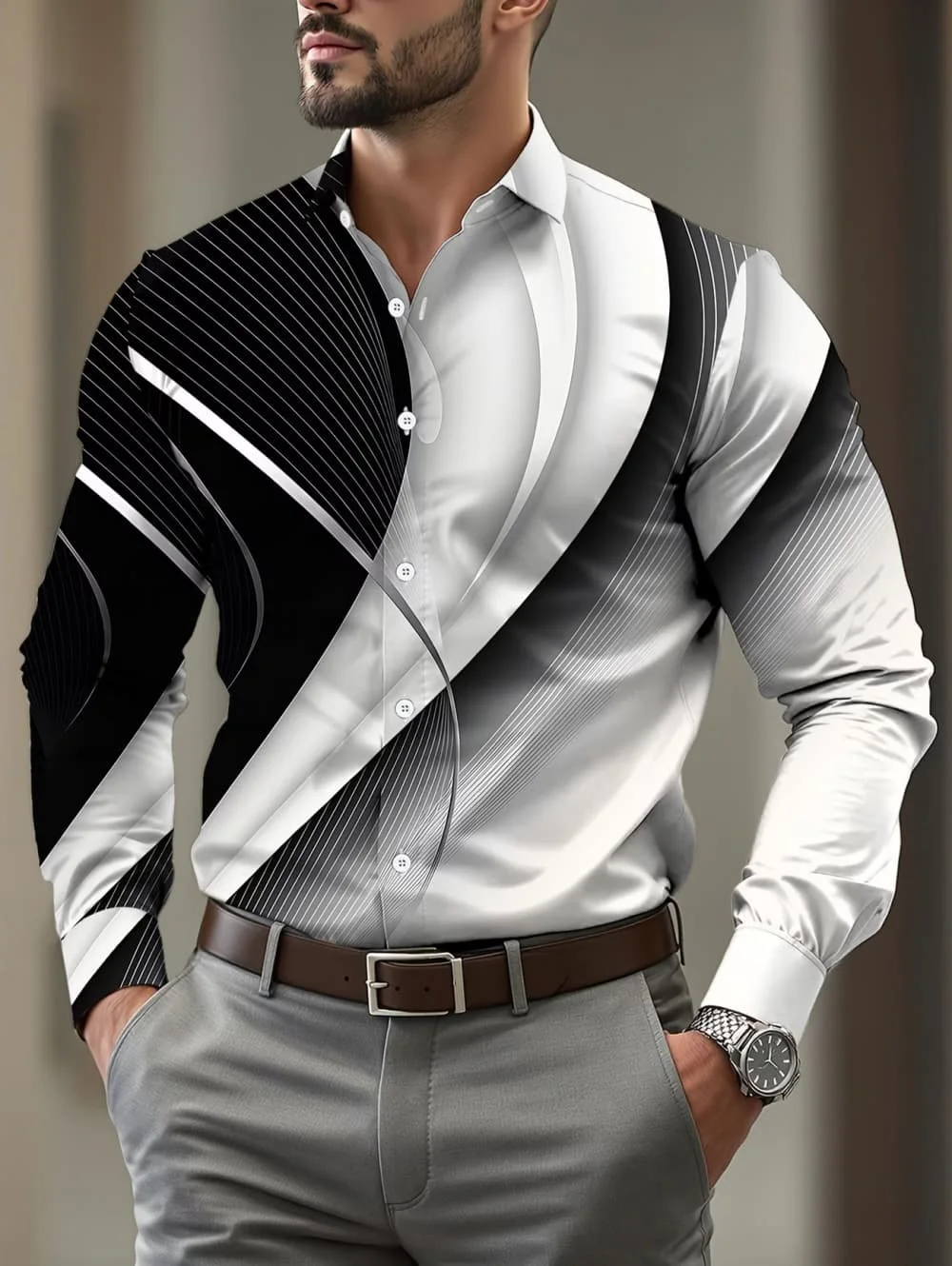 

Men's Long Sleeve Shirt Fashion Gradient Print Button Shirt Casual Shirt Tops Elegant Men's Party Commuter Wear Fall Lapel Shirt