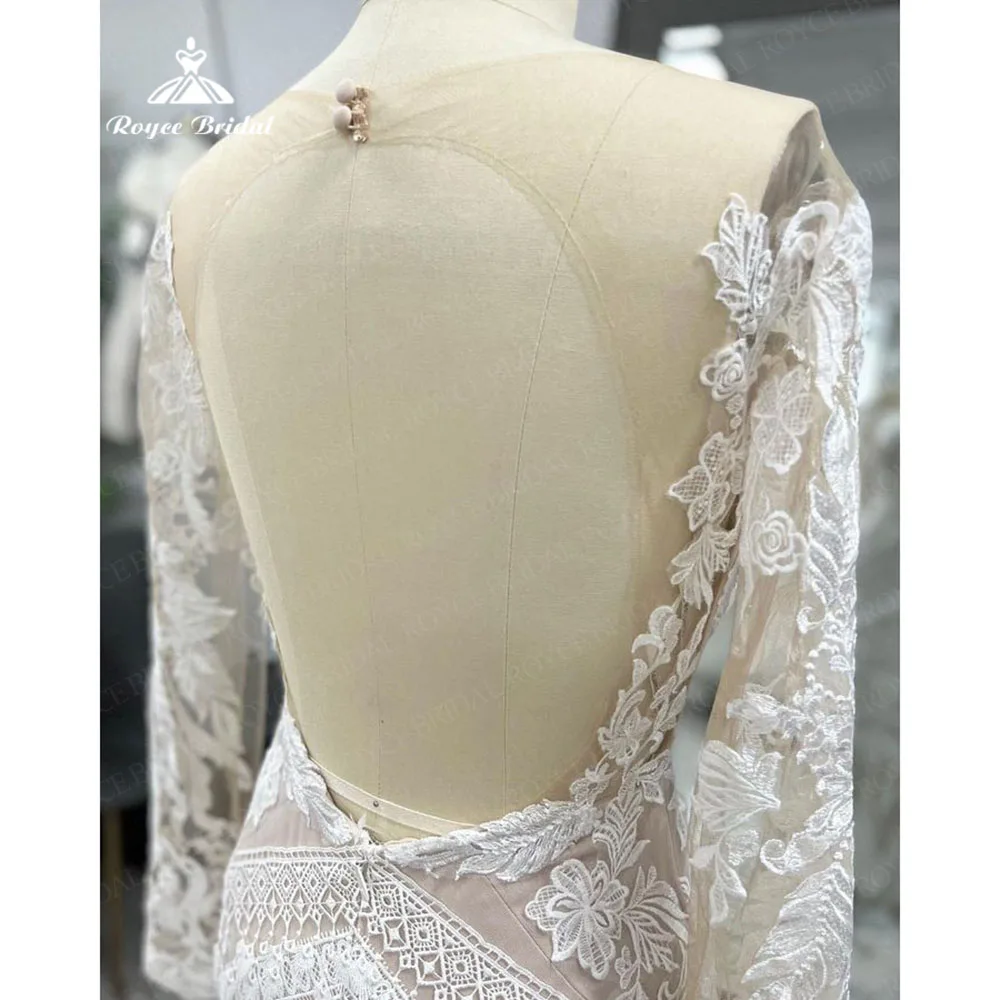 Bohemian Slim Lace Applique Wedding Dress For Women 2023 Backless Illusion Sleeve Court Train Backless Civil Vintage Bridal Gown