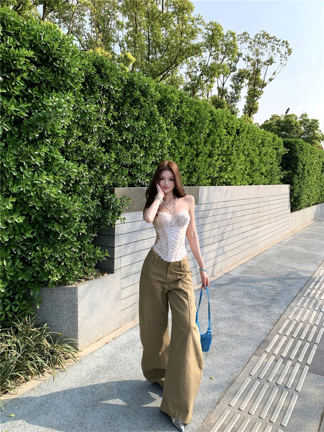 

American Retro Khaki Casual Work Pants Women's Summer Loose Wide Leg High Waist Street Style Long Pants Commute Simple Pattern