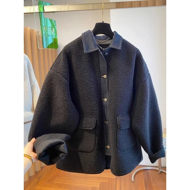 Casual Women cowboy Coats Jackets Melad loose denim spliced lamb wool style personalized this year's popular Women's Clothing