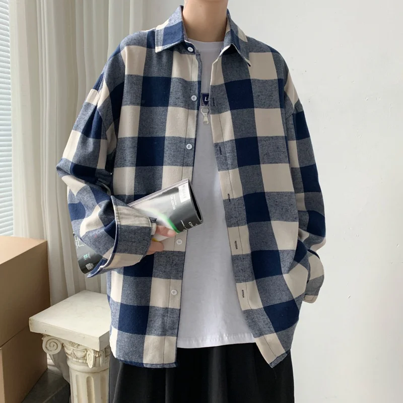 Long-sleeved plaid shirt men's spring Korean style trendy loose oversized plus size fat casual brushed plaid jacket