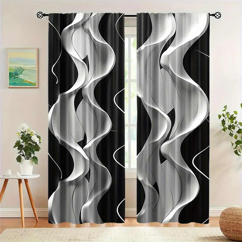 Elegant Geometric Wave Pattern 2-Piece Semi-Blackout Curtain Rod Pocket Polyester Woven Curtains for Bedroom Living Room Window