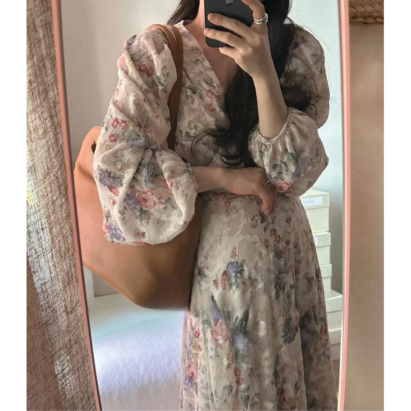 

Heavy Embroidery Bubble Sve V-ne Women's Dr Waist-cinching Belted Long Skirt Korean Sle Multi-scene Matching Spring...