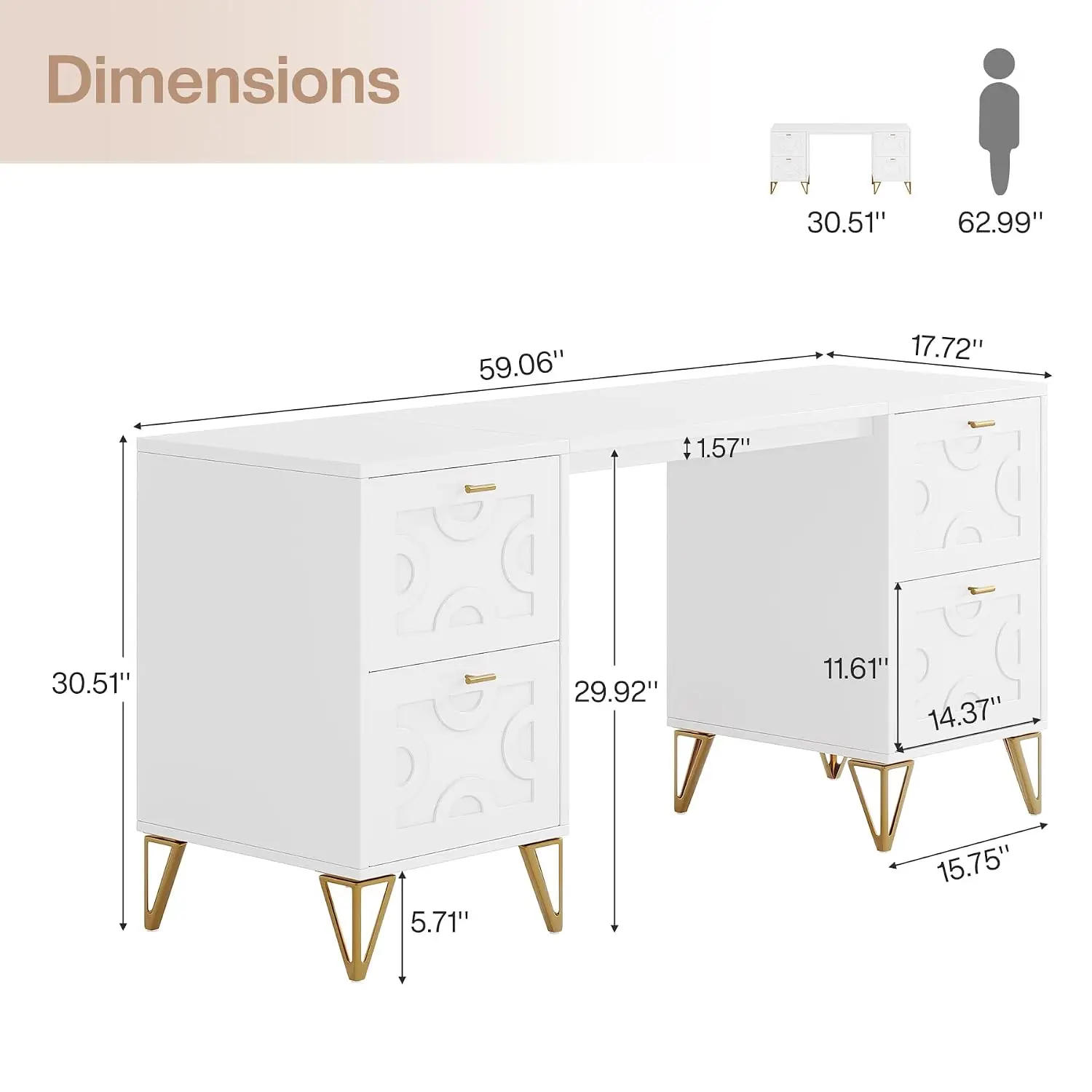 59-Inch Vanity Desk with 4 Drawers, White Dressing Table with Storage, Modern Beauty Table Home Office Computer Desk , Custom