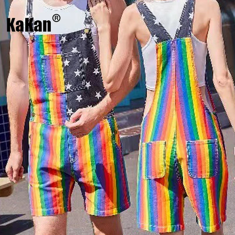 Kakan-Europe and The United States New American Independence Day Jeans for Men, Stars Rainbow Couple Suspenders Shorts 34-201