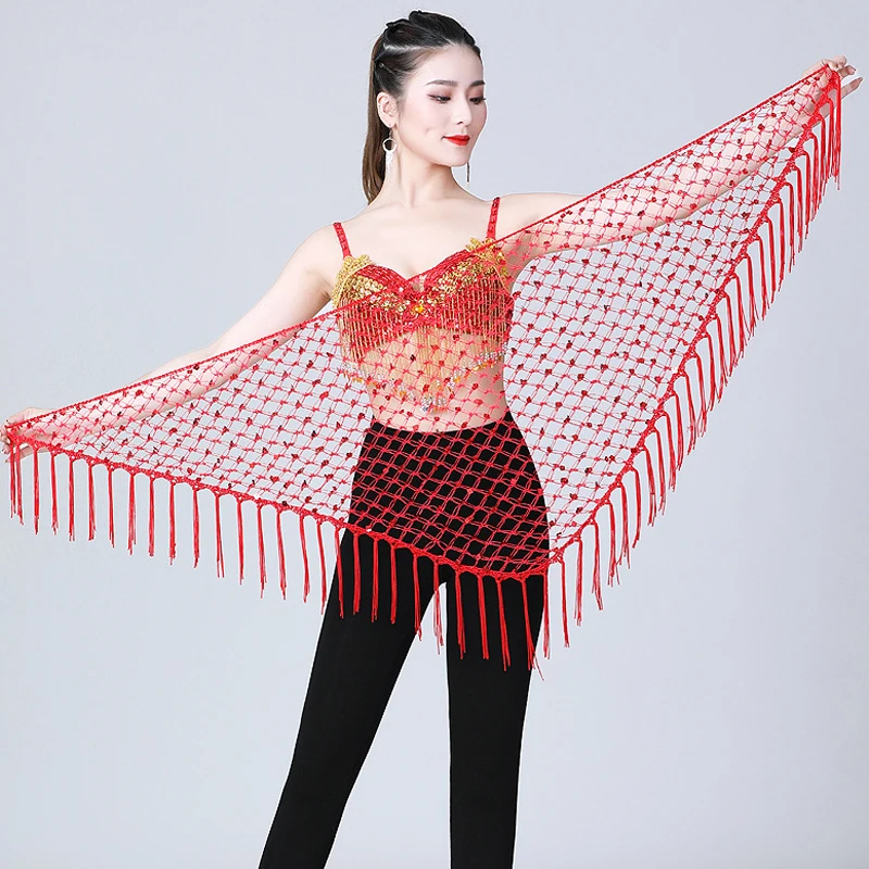 손의 삼각형 크로 셰 뜨개질 밸리 댄스 엉덩이 스카프 스팽글 벨트 밸리 댄스 엉덩이 스카프 밸리 댄스 액세서리 긴 술 벨트