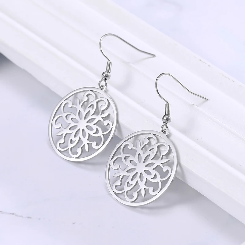 Kkjoy Round Flower Earrings Of Women Men Silver Gold Color Stainless Steel Hollow Hooking Earring Vintage Fashion Female Jewelry