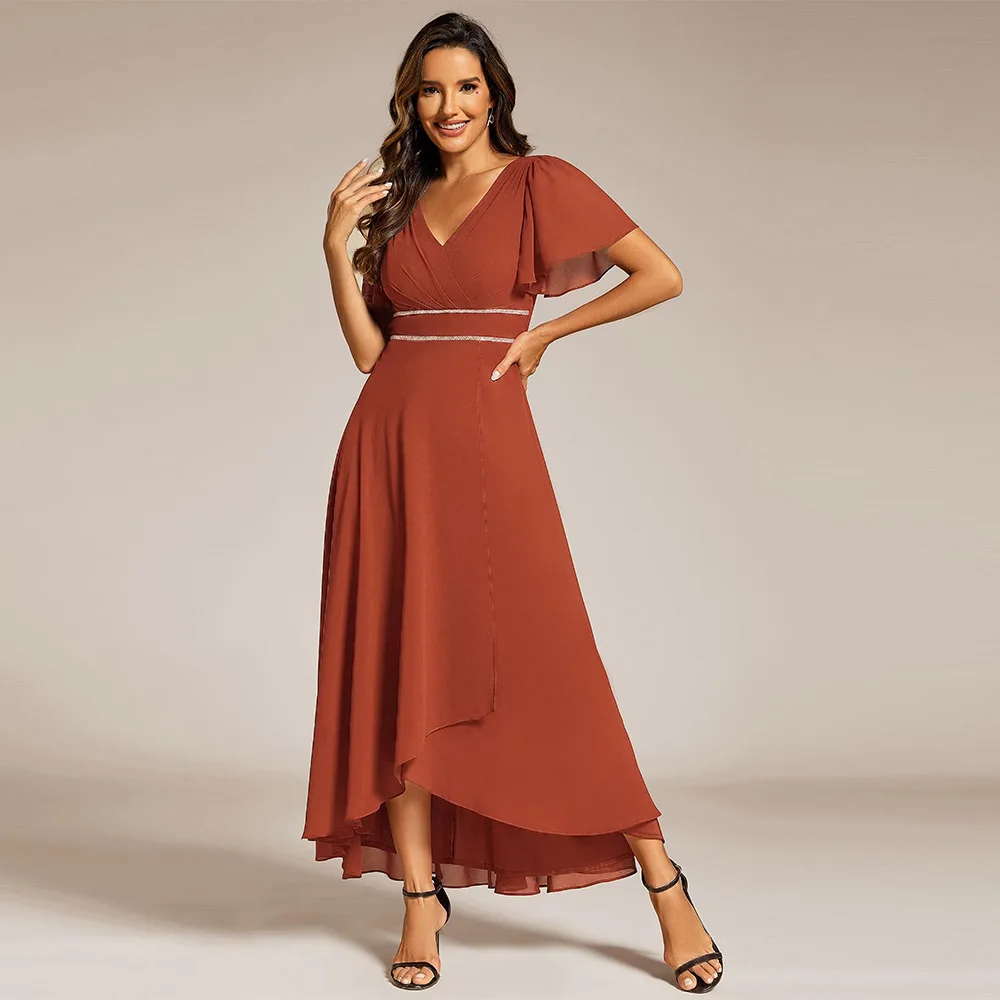 

Customized Mother of The Bride Dress Women Formal Dress V Neck Ruffles Sleeves Empire Waist A Line Pleated Chiffon Evening Dress