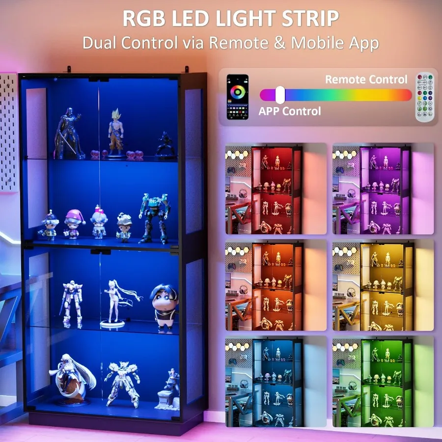 Display Cabinet with Glass Doors 4 Tier Glass Display Case with RGB LED Lights for Collectibles, Adjustable Shelves, Black, for view 3