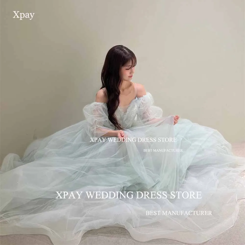 XPAY Elegant Mint Green V Neck Prom Dresses Korea Lady Spaghetti Straps Evening Gown Outdoor Photo Shoot Wedding Party Gown