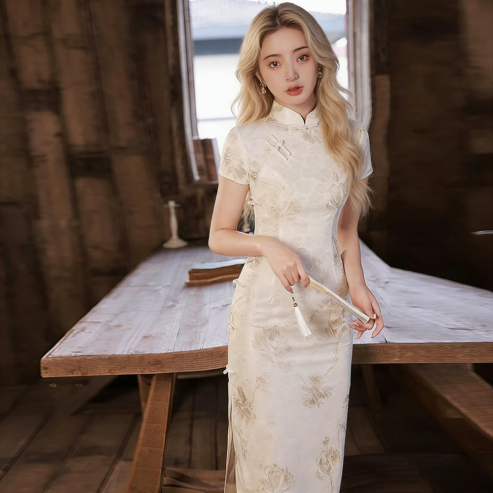 

White Lace Cheongsam Dress for Women Embroidery Qipao Short Sleeve Vintage Slim Fit Traditional Chinese S-XXL
