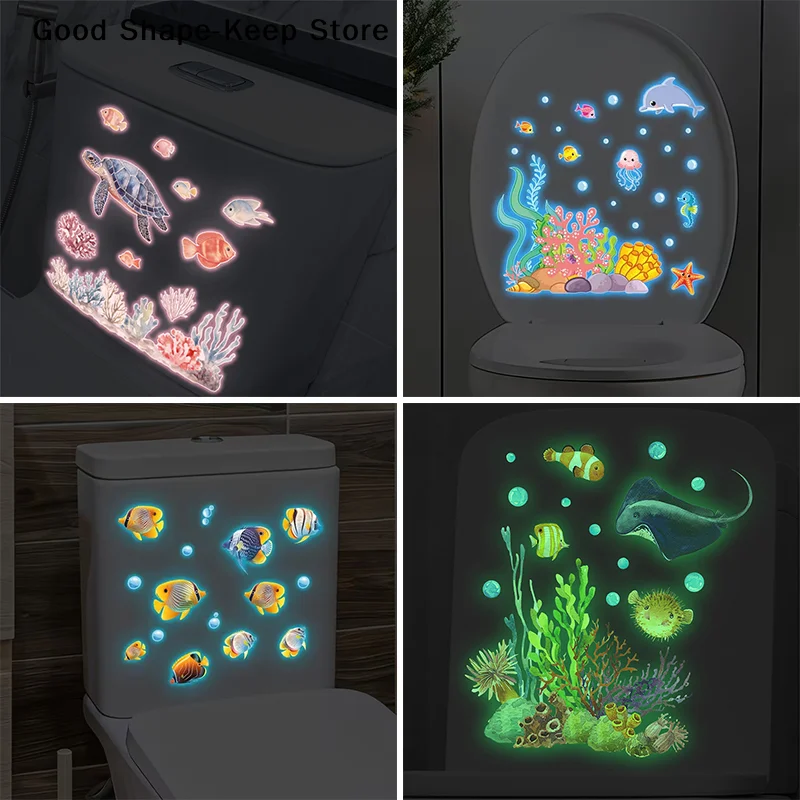 Glow-in-the-Dark Fish Toilet Self-Adhesive Sticker Ocean Bathroom Decor Removable Wall Art for Home Living Room