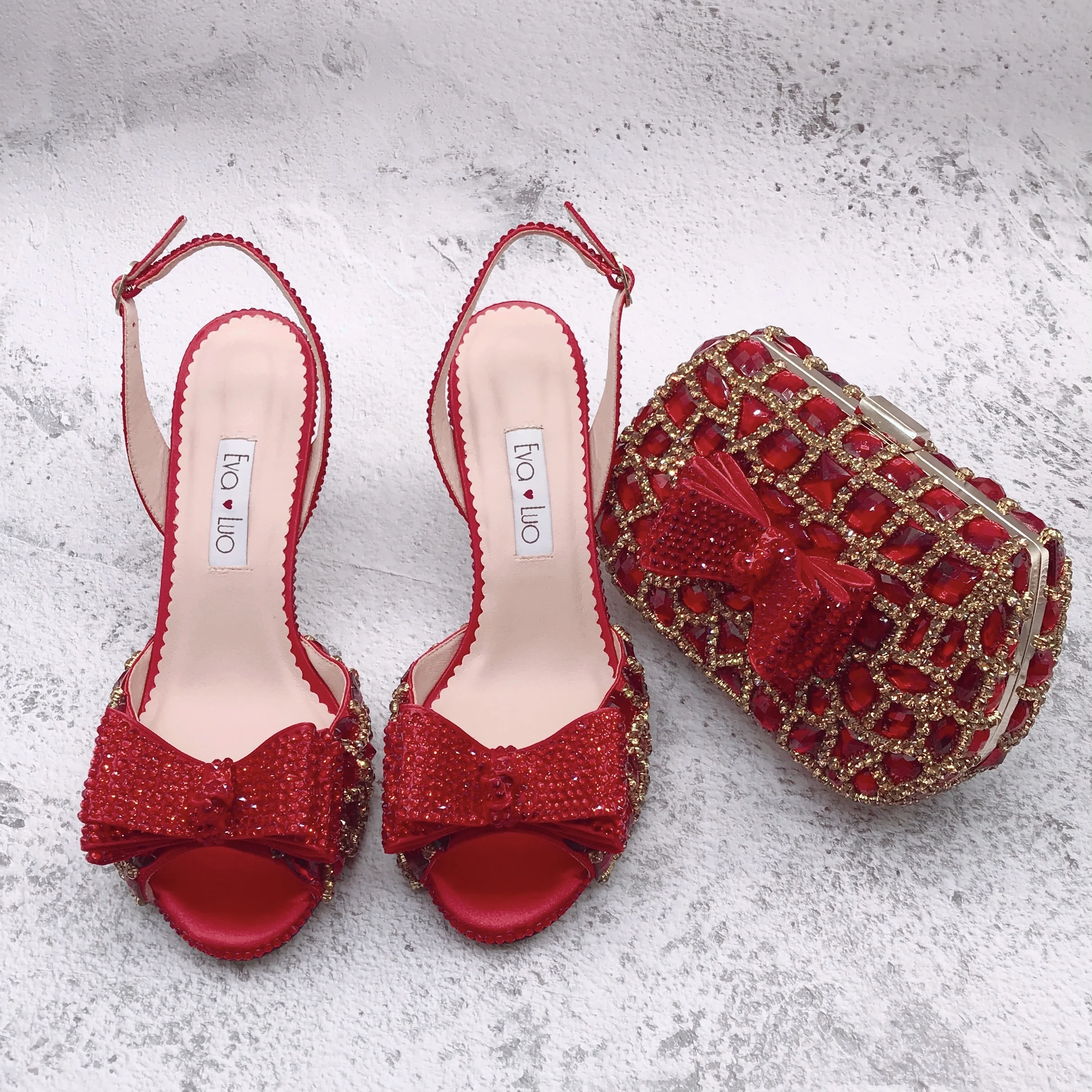 BS1556-zapatos de tacón personalizables para mujer, calzado de Boda nupcial, con cristales dorados y rojos, con conjunto de bolsos a juego