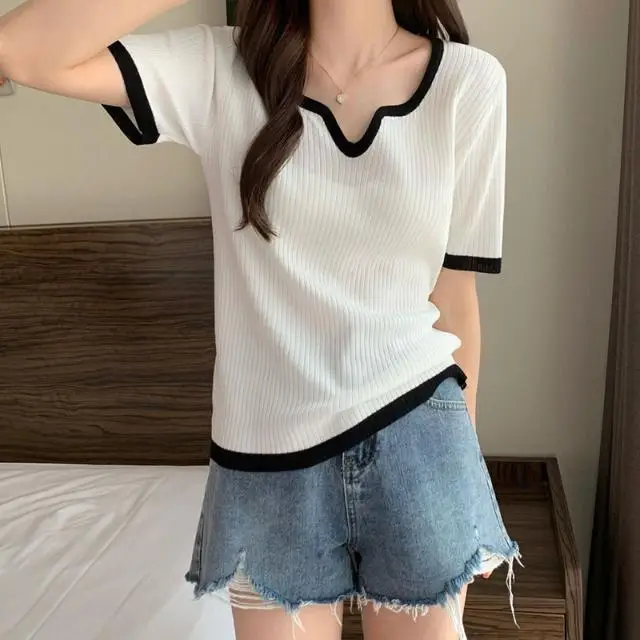 2024 Women's Seagull Collar Summer New Original Design Fashion Short Sleeve Pullover Contrast Color All-match Loose T-shirt Tops