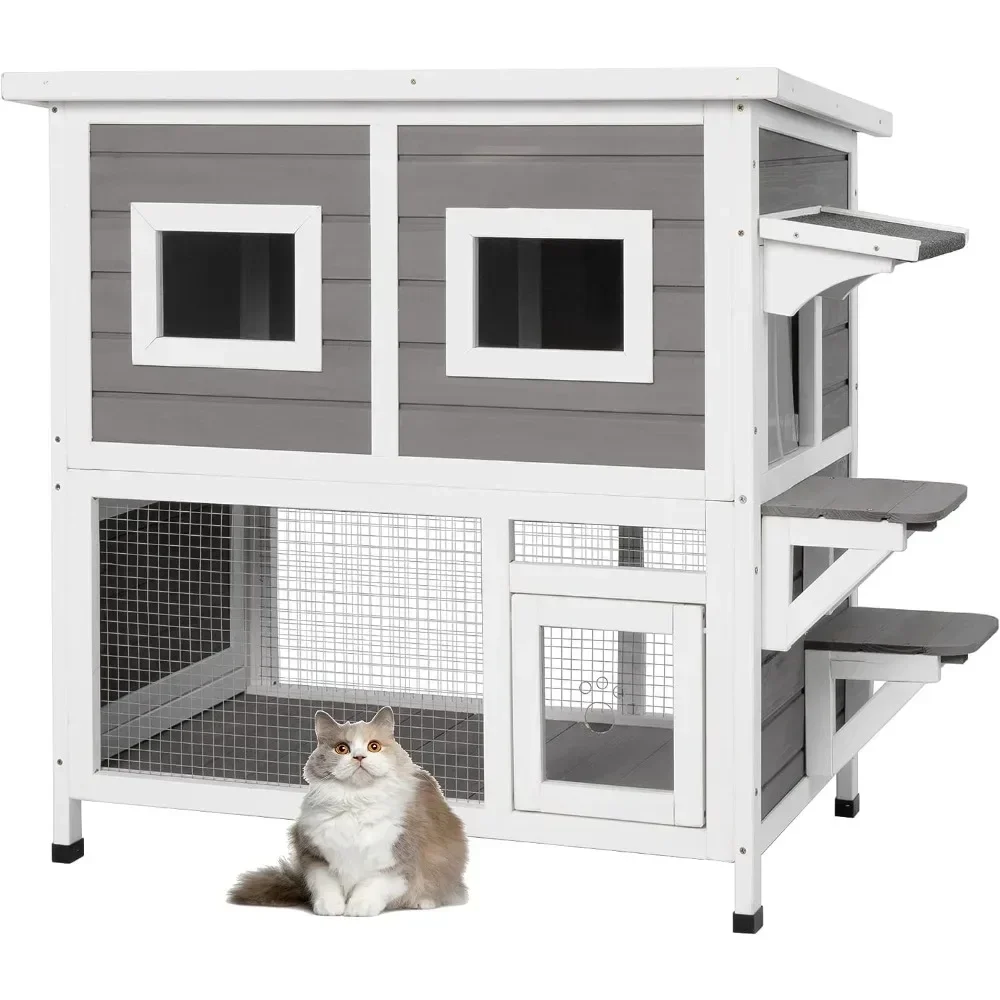 Large Outdoor Cat House Weatherproof Kitty Indoor Wooden 2 Story Feral Cat House with Escape Door