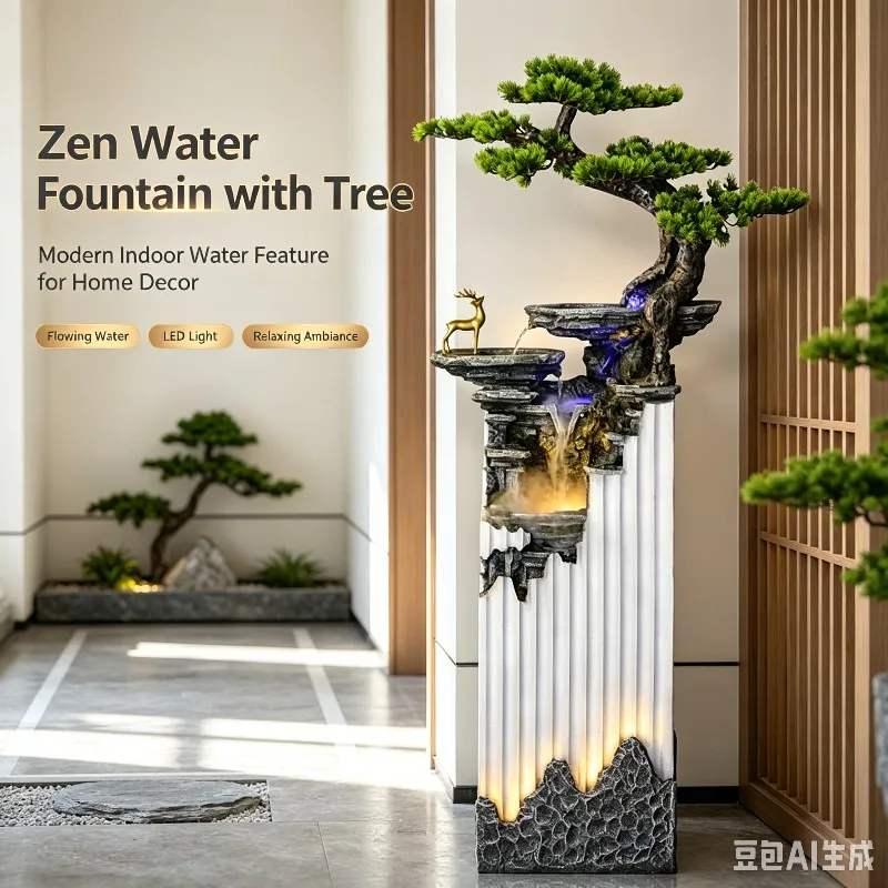 SCY Zen bonsai water jet landing rockery waterfall, indoor relaxation water ornament, living room entrance decoration