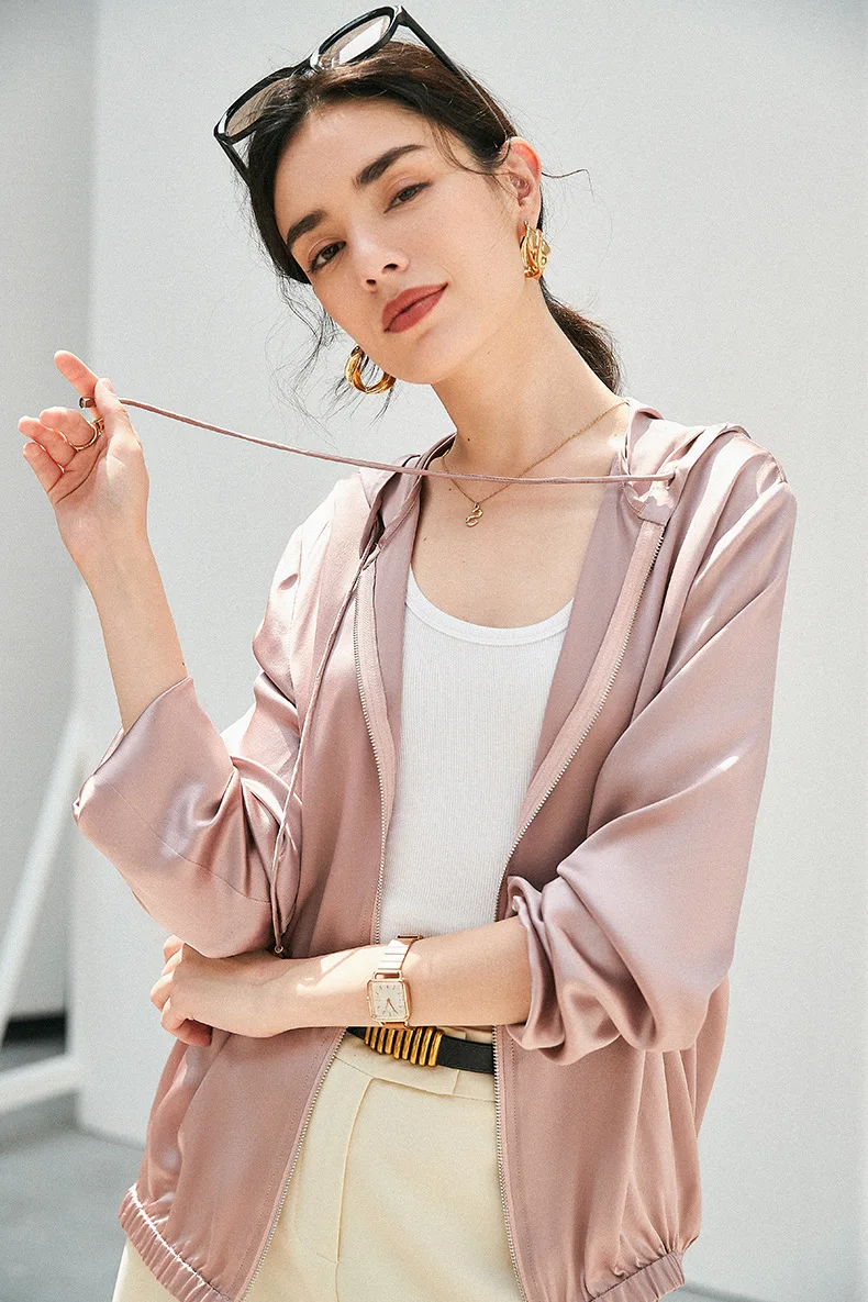 100% Silk Jacket Women 5 Colors Sunscreen Hoodie Clothing Embroidery Lightweight Fabric Long Sleeve Short Coat New Fashion