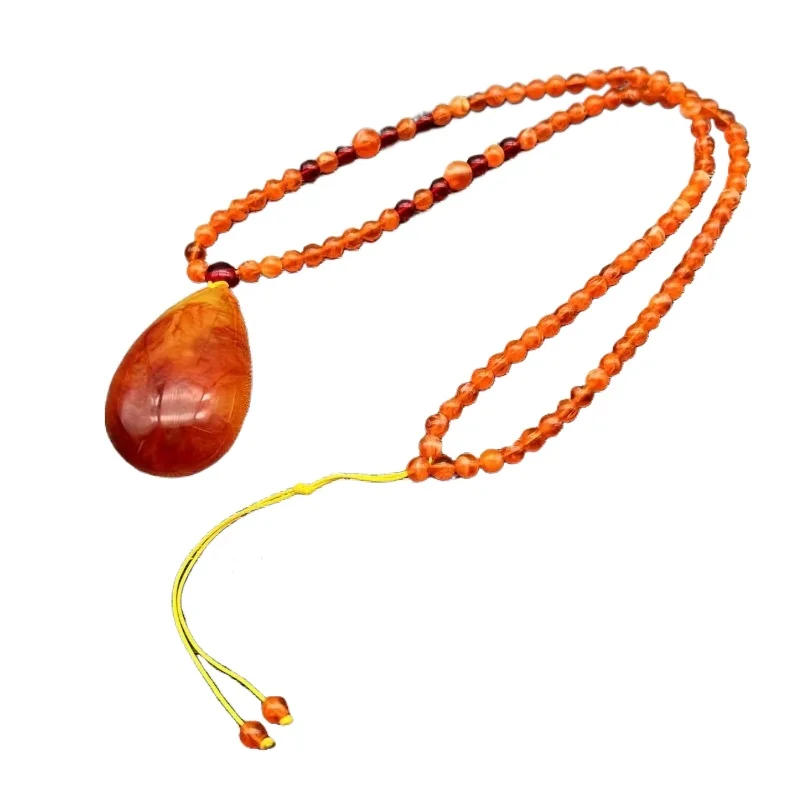 Elegant Amber Drop Pendant Necklace Lucky Amulet