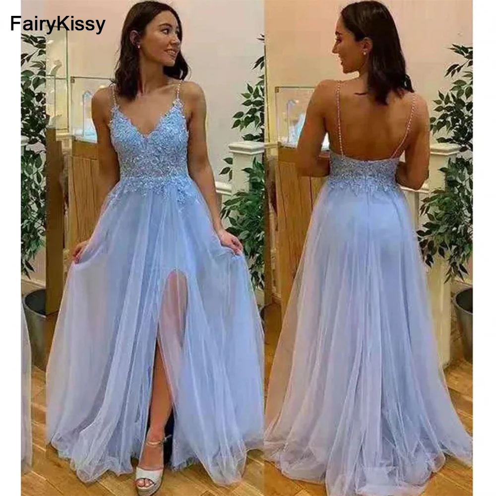 

FairyKissy Lace Appliques V-neck Long Prom Dress Vestido Novia Simple Spaghetti Straps Robe De Soiree A-Line Party Evening Gowns