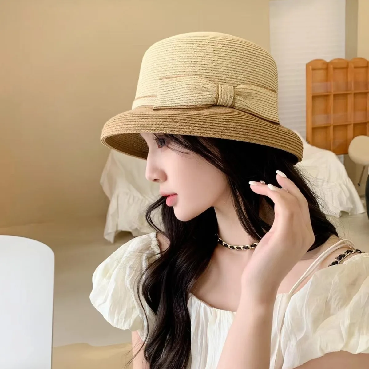 

Summer Sensation! Women's Fine Grass Woven Straw Hat Celebrity Inspired with BowIdeal ForOutdoorBeach SunProtectionColorMatching