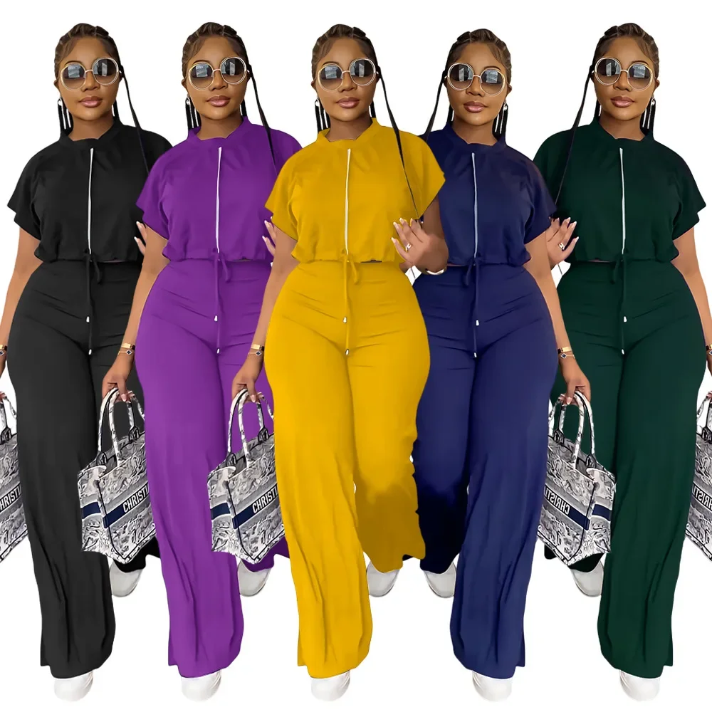 

Women's Set O-neck Short Sleeve Drawstring T-shirt +wide Leg Pants Suits Street 2024 New Two 2Piece Set Outfit Tracksuit