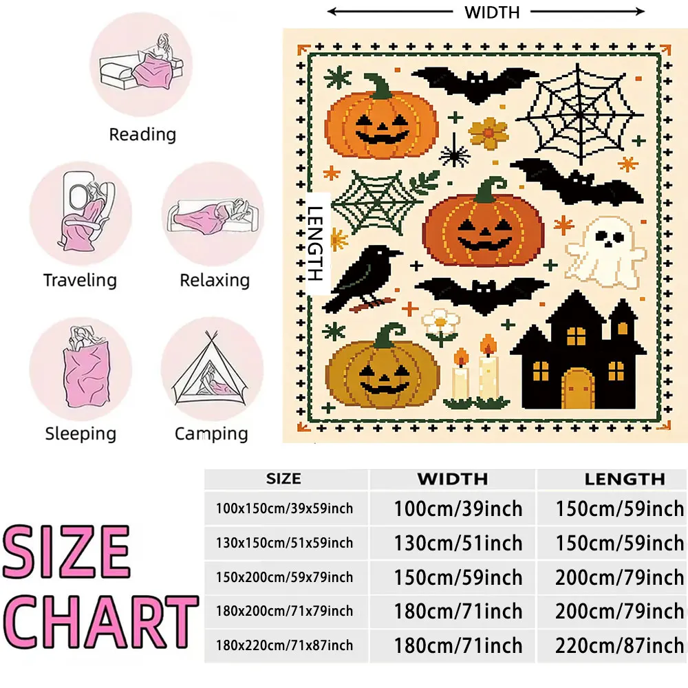 Halloween Pumpkin Bat Spider Web Haunted House Flannel Blanket Soft Cozy Throw Blanket Spooky Fall Bed Couch Decor Blanket