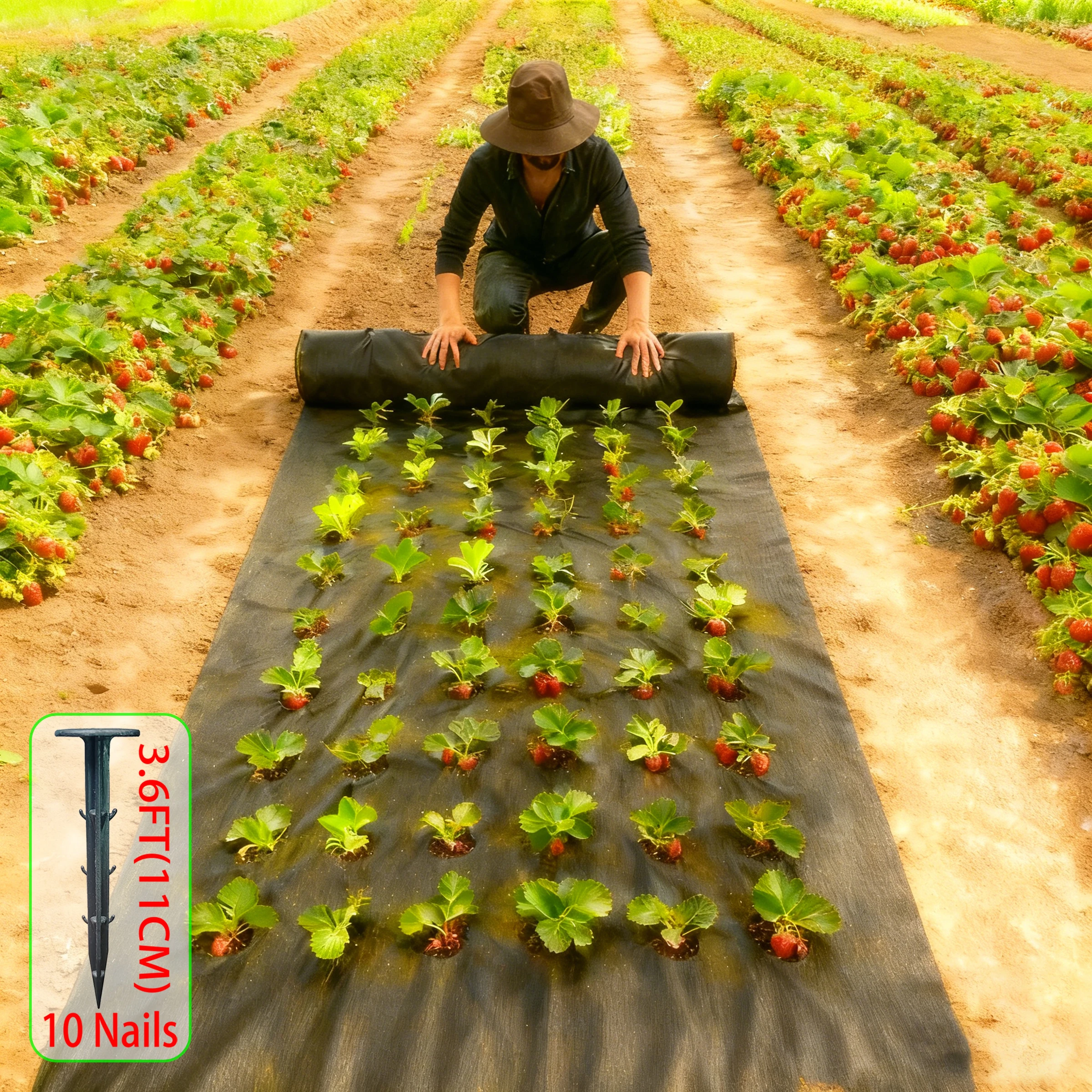 Black Perforated Weed Proof Cloth - Width 1.5M - 6 Holes Per Row - Equipped with 10 Ground Nails and Weed Barriers