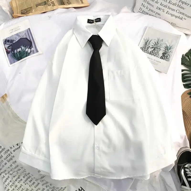 E-BAIHU Biała Koszula z Długim Rękawem Damska Jesienna z Kołnierzykiem Luźna Bluzka w Stylu JK Mundurek Szkolny Vintage Oversize Top Damski Bluzki
