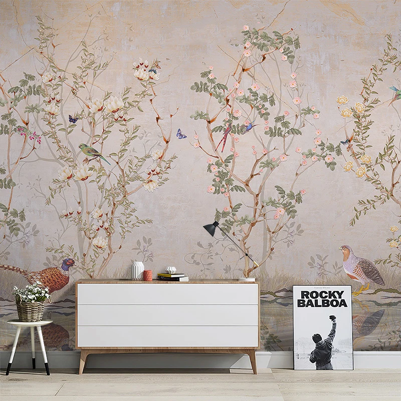 Custom flower and bird wallpaper new Chinese pastoral flower living room bedroom sofa background wall hotel decorative mural