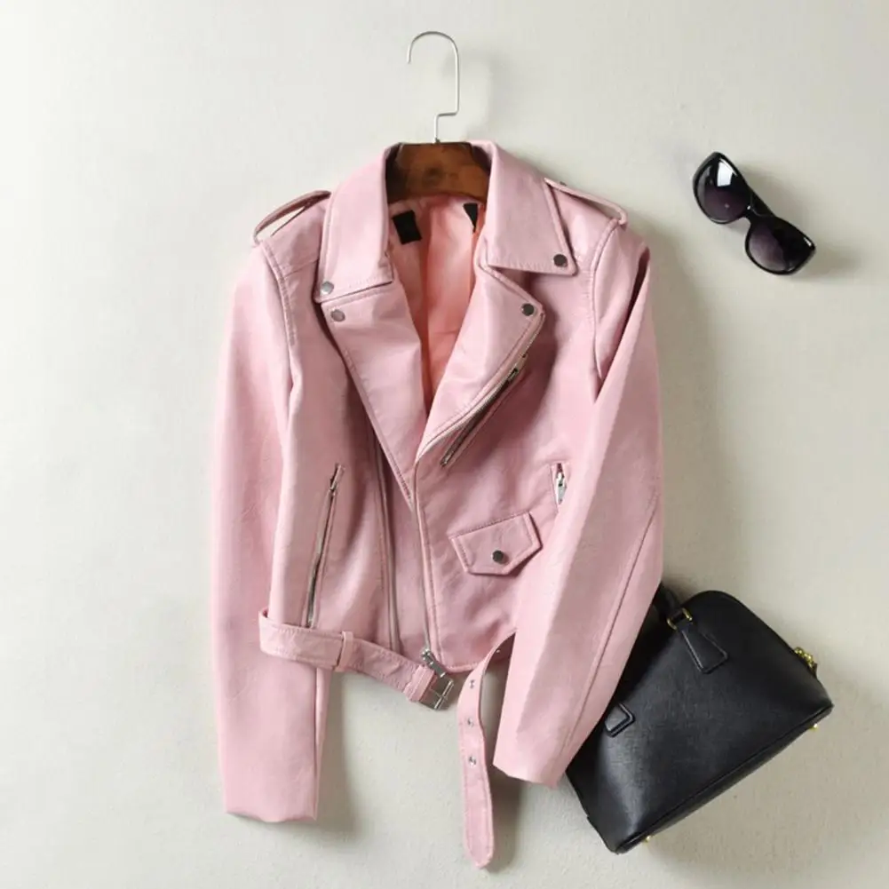 แฟชั่นผู้หญิงเสื้อหนัง Faux ฤดูใบไม้ร่วง Turn-Down COLLAR Zip-up Zipper Rivet แขนยาวรถจักรยานยนต์หญิง Outerwear