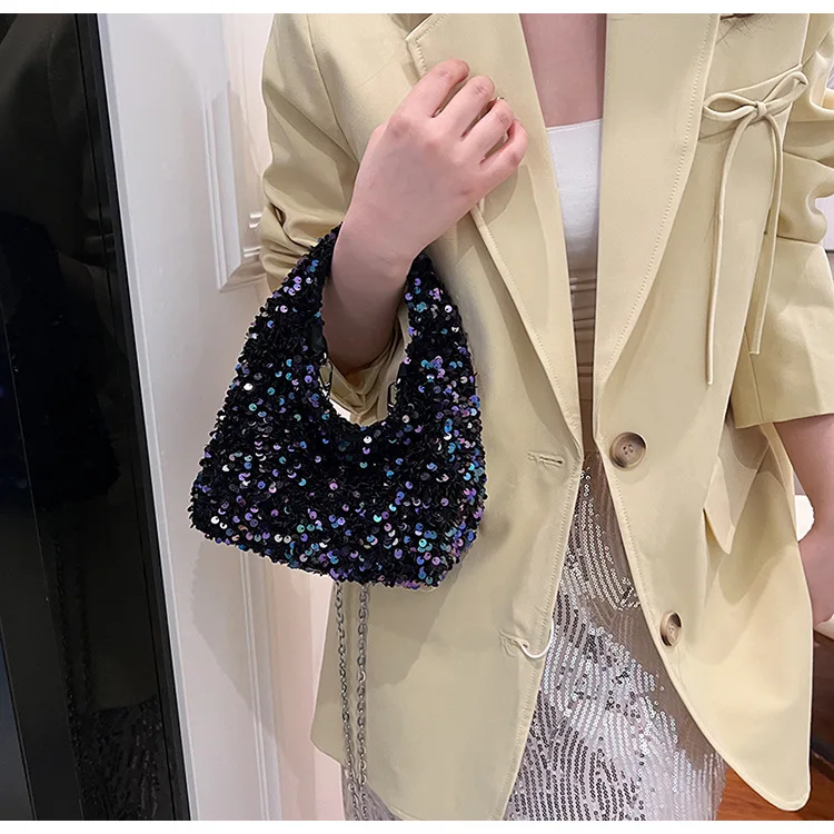 ブラックシルバーカラフルなスパンコールレディースハンドバッグメタルチェーンショルダーバッグクロスボディシンプルなトレンディなベルベットの小さなトートバッグ女性のための