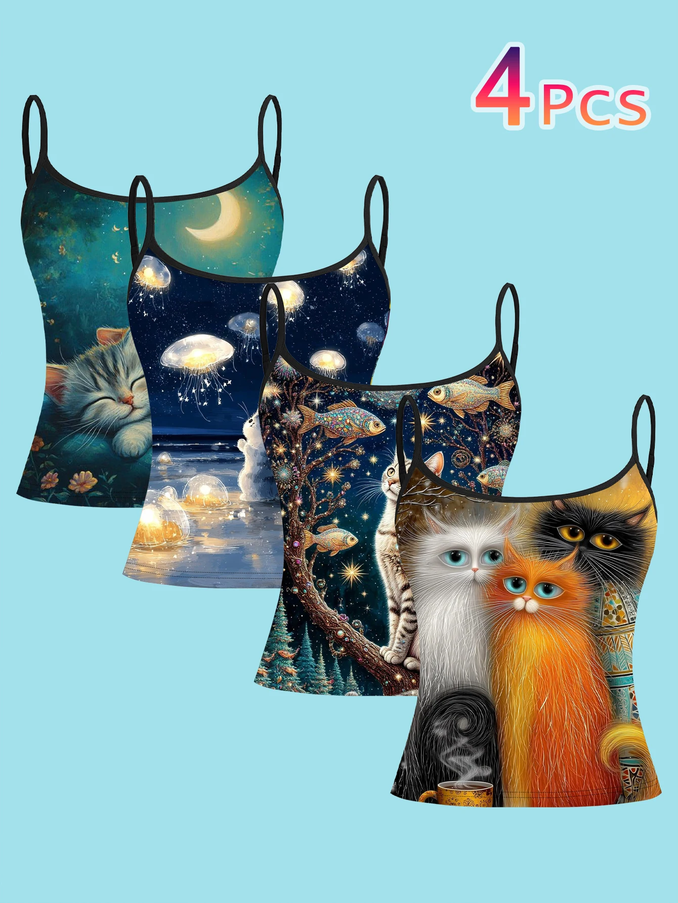 4-Piece Set of Women's Spaghetti Strap Camisoles with Fantasy Oil Painting Style Prints of Cats, Jellyfish, Starry Sky, and Schools of Fish, Slim-Fit Sleeveless Tops, Cute and Healing Style, Suitable for Outerwear or as a Base Layer