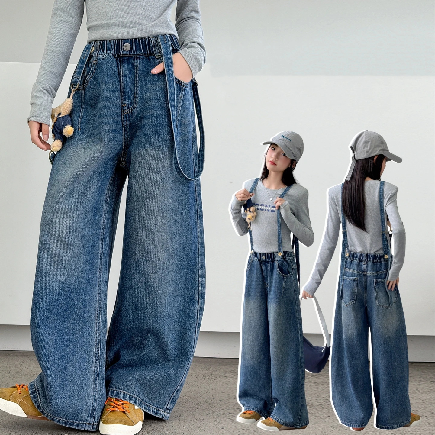 Hot Sale Kids Jeans for Teens Girl Fashion Denim Overalls Child Casual Stylish Suspender Dungarees Jeans With Straps For 4-14Yrs