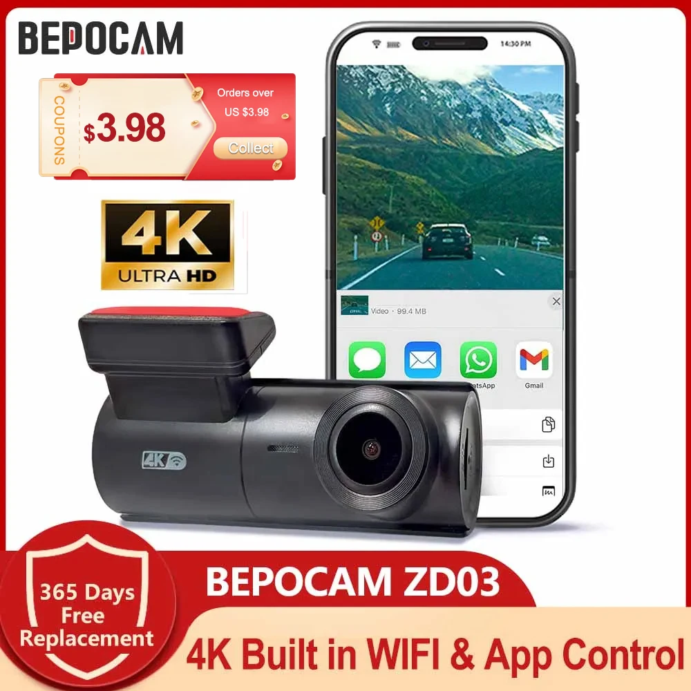 BEPOCapture d'écran ZD03 Caméra de tableau de bord 4K pour voiture, caméra DVR, Prada Cam, WiFi intégré et contrôle d'application, grand angle 170 °, FOV, WDR, enregistreur de vision nocturne BEPOCapture d'écran ZD03 Caméra de tableau de bord 4K pour voiture, caméra DVR, Prada Cam, WiFi intégré et contrôle d'application, grand angle 170 °, FOV, WDR, enregistreur de vision nocturne