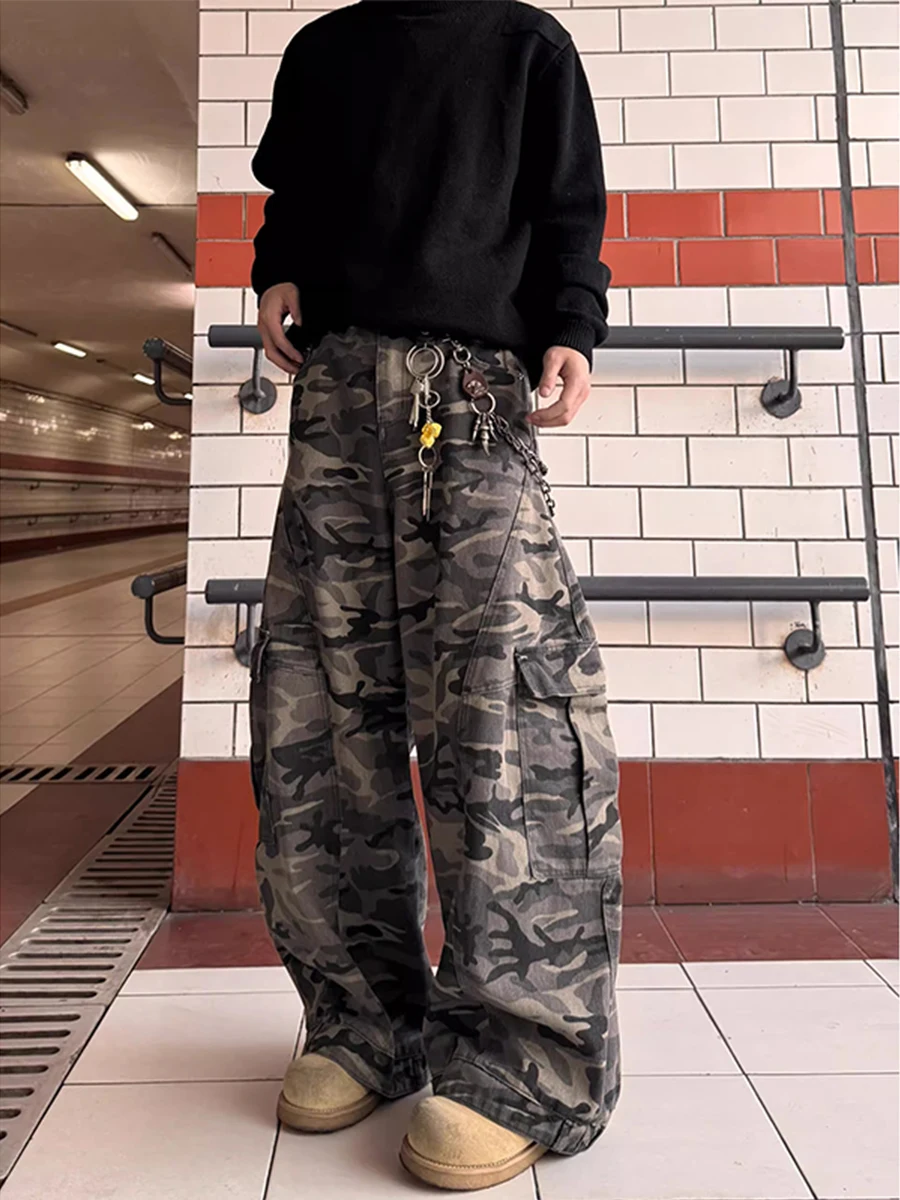 

Camouflage Straight Leg Workwear Trousers Men's High Street Deconstructed Knife Loose Wide Leg Pants Big ket Casual Trousers