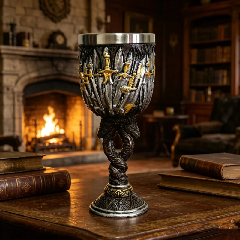 3D Ice Dragon Sculpted Goblet, Blue Crackle Glass Stainless Steel Liner Chalice, Gothic Fantasy Style Wine Cup for Bar Party