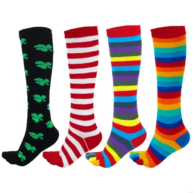 

K1ME Women Girls Split Toe 5 Finger Calf Socks Rainbow Colorful Striped Clover Printed Breathable Cotton Stretchy Student High