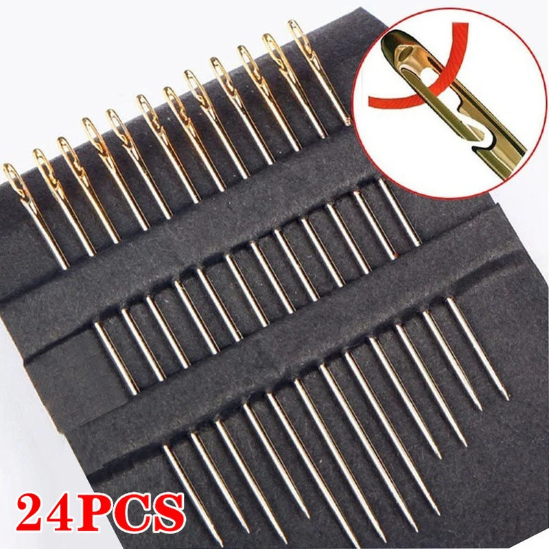 12/24pcs Self-Threading Sewing Needles Stainless Steel Quick Automatic Threading Needle Stitching Pins DIY Punch Needle Threader