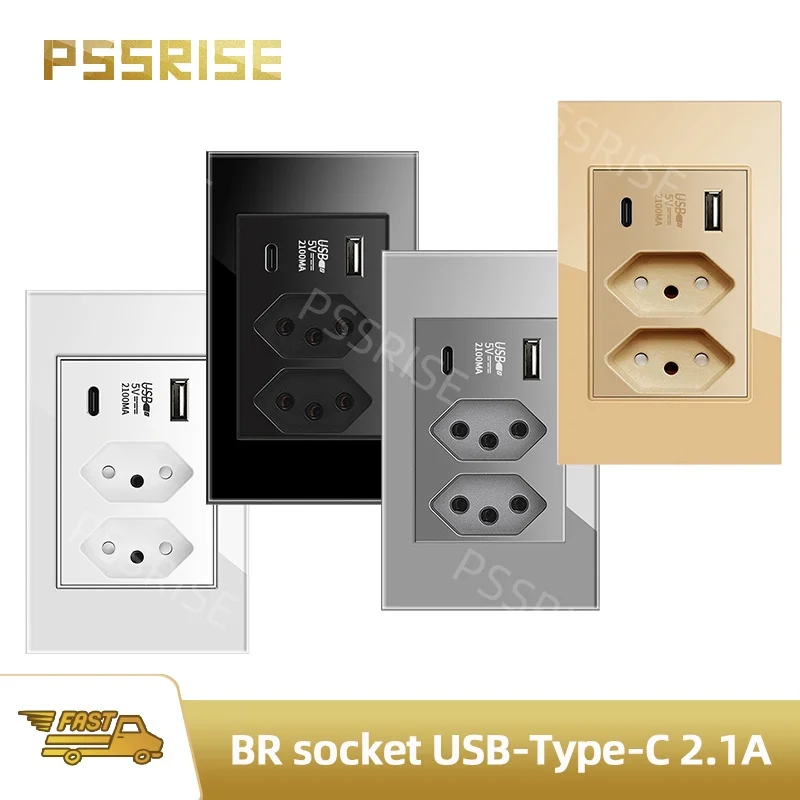 

PSSRISE Tempered Glass Panel Double 2.1A USB Type C Charge Brazil Standard Wall Outlet Dual Power Electrical Plug fast charger