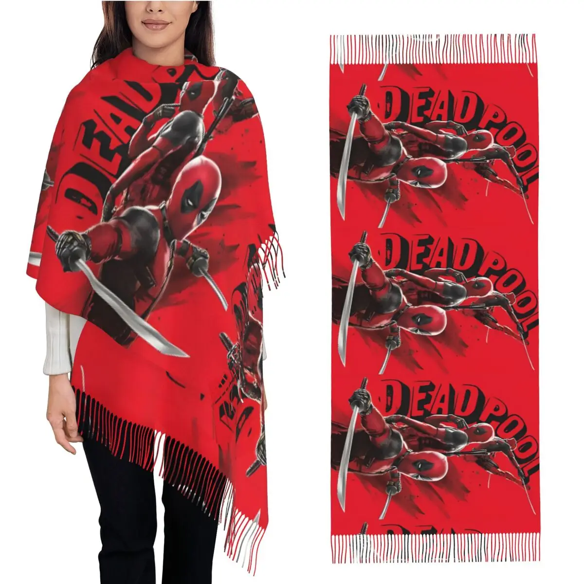 Deadpool & Wolverine Scarf with Long Tassel Warm Soft Shawls and Wrap Ladies Graphic Head Scarves Winter Luxury 2024 Bandana