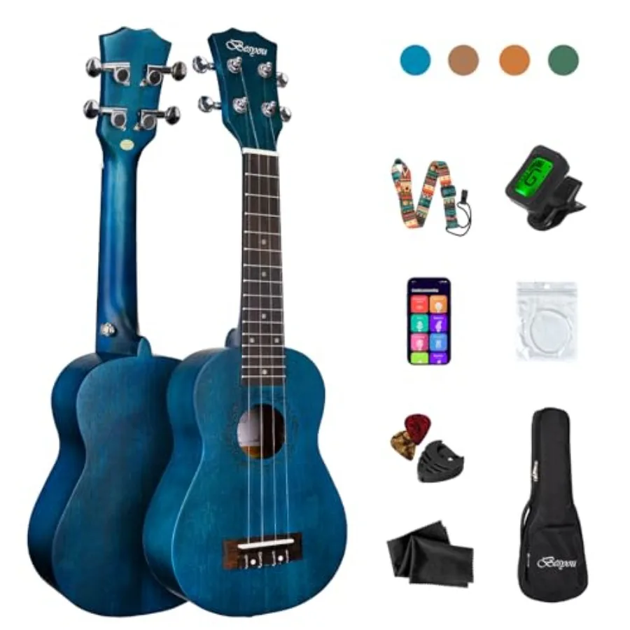 Ukelele de 21 Pulgadas para Principiantes y Estudiantes Adultos, Kit de Ukelele Soprano de Madera de Caoba para Viaje con Afinador, Funda, Correa de Nylon y Carbono