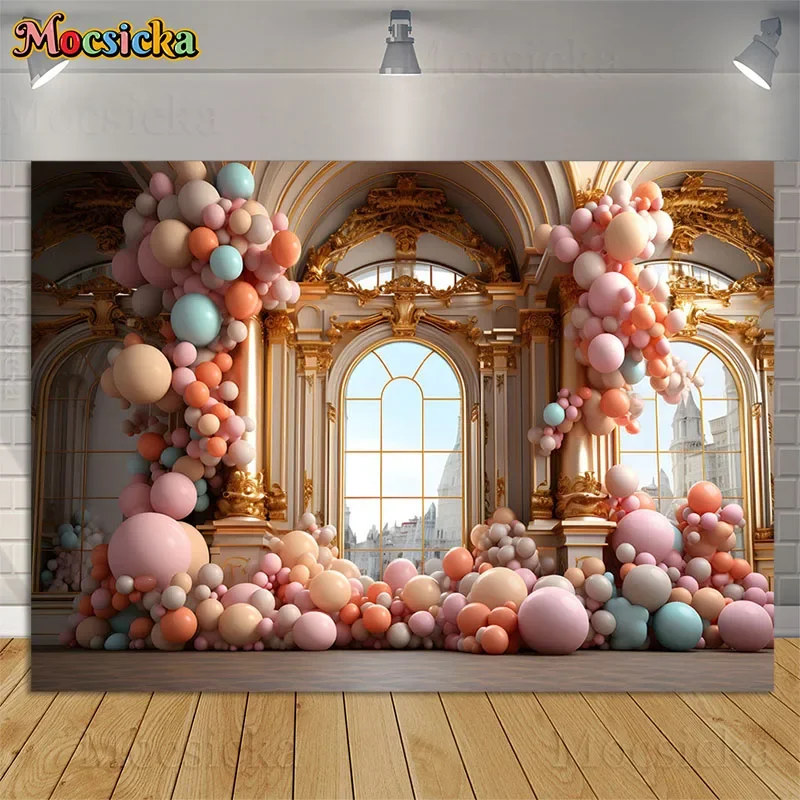 

Golden Castle Palace Newborn Photography Background Colorful Balloons Decorative Props Kids Baby Shower Backdrops Photo Studio