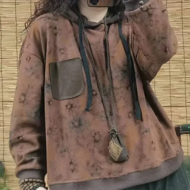 

Толстовка с капюшоном и длинными рукавами и карманами в стиле ретро в стиле литературного ретро, свободный пуловер, куртка