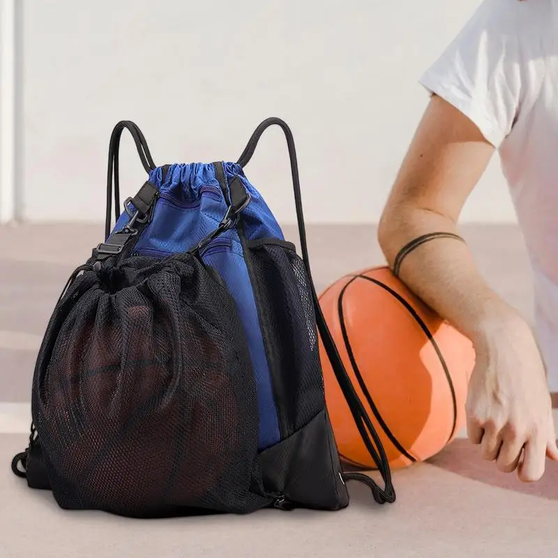 แบบพกพา Drawstring กระเป๋าเป้สะพายหลังบาสเกตบอลตาข่ายกระเป๋าฟุตบอลฟุตบอลวอลเลย์บอลลูกกระเป๋าสําหรับยิมกีฬากลางแจ้งการเดินทาง