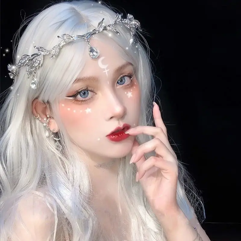 

Silver wig medium long curly hair mermaid princess full head cover light color virgin elf cos universal
