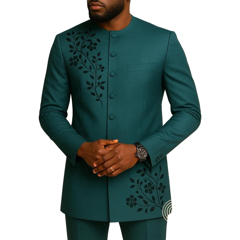 Single Breasted Men Suits Chinese Modern Style Beads Floral Fashion Jacket with Pants 2 Pieces Formal Wedding Tuxedo view 2