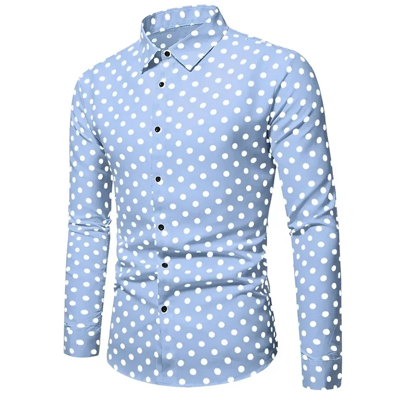 2024 Summer Men\'s Button Up Shirt Black and White Long Sleeve Collar Polka Dots for Daily Use Pretending Fashion, Leisure, and