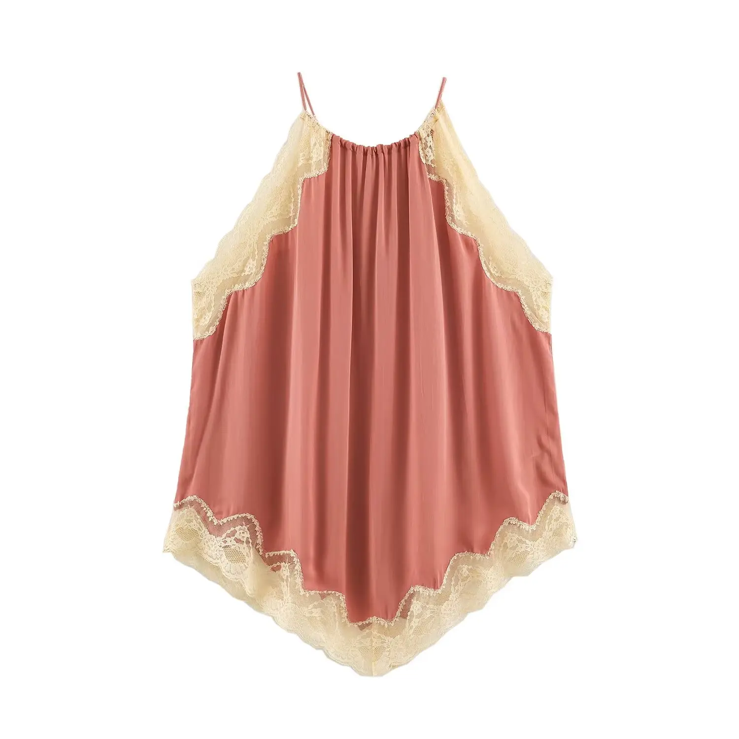 TFMLN Neues Damen-Neckholder-Top, elegantes Patchwork-Design, Spitzeneinsatz, unregelmäßige, lockere Passform, ärmelloses Tank-Top, schicke Streetwear – Detail 2